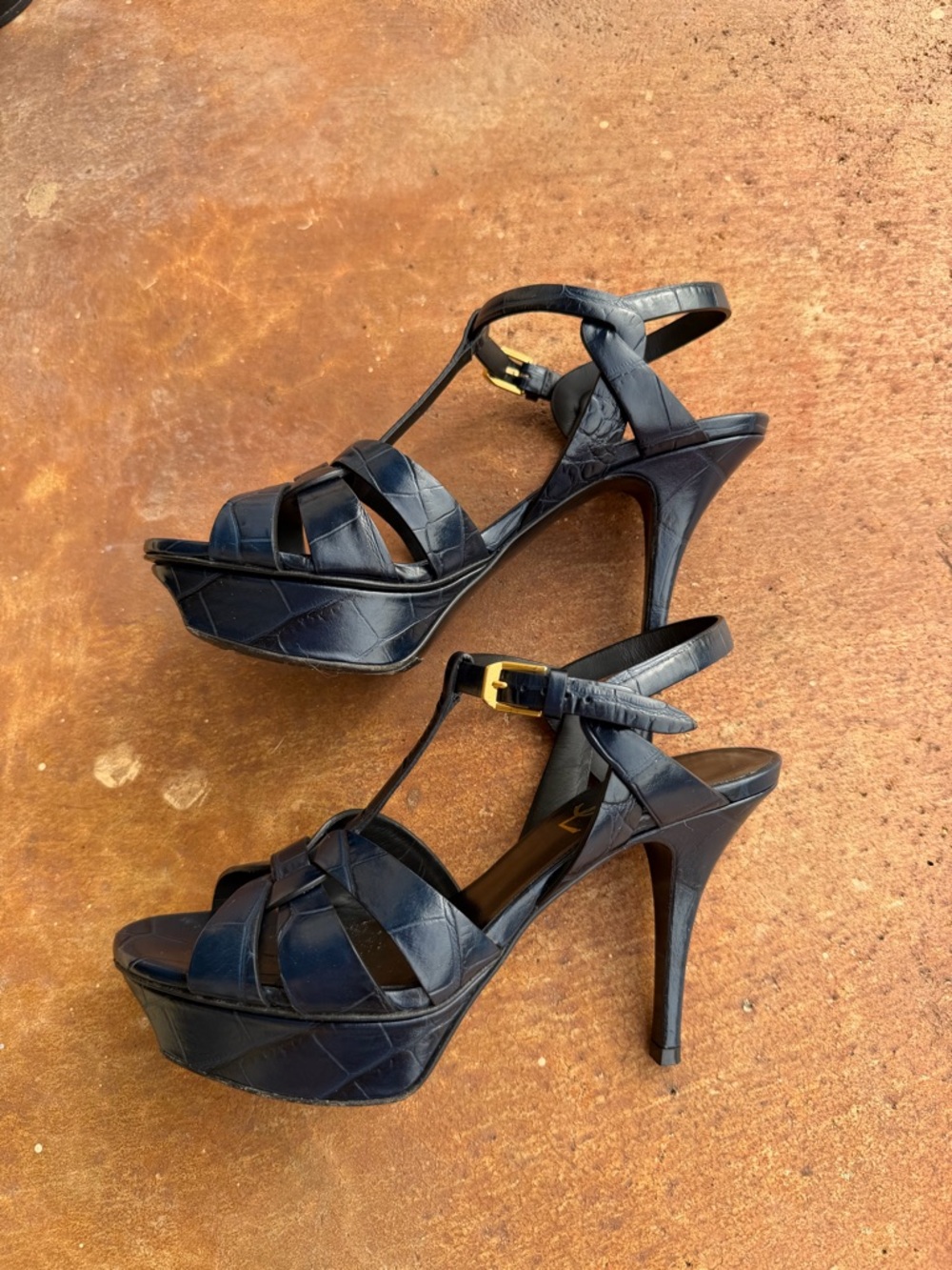 Saint Laurent tribute navy Leather Woven T-Strap Sandals with Gold Accents - Picture 8 of 13